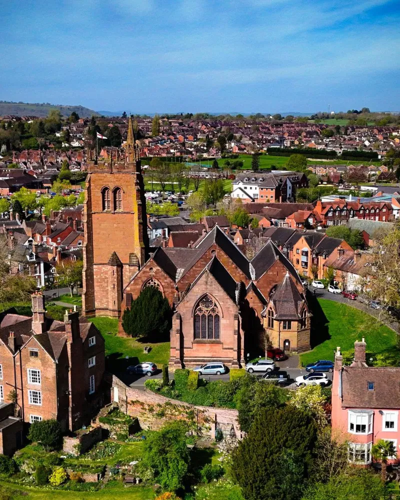 Aerial view of St Leonard's Church, Bridgnorth, surrounded by the town's rooftops